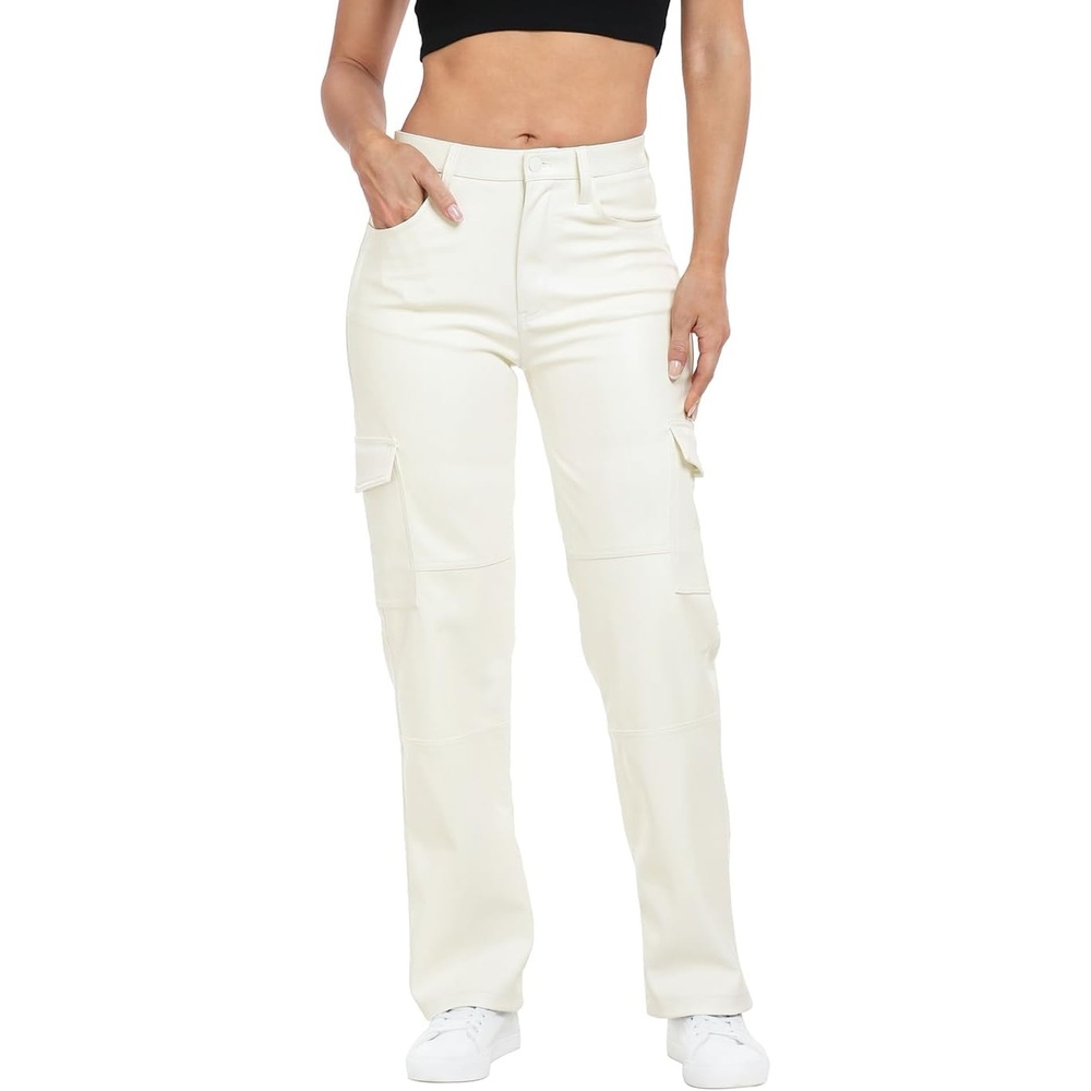image:imageHDE Womens Faux Leather Cargo Pants with Pockets High Waisted Y2K Relaxed PantCream White