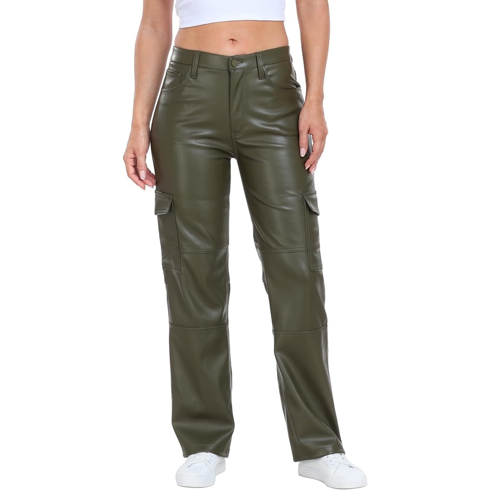 image:imageHDE Womens Faux Leather Cargo Pants with Pockets High Waisted Y2K Relaxed PantGreen