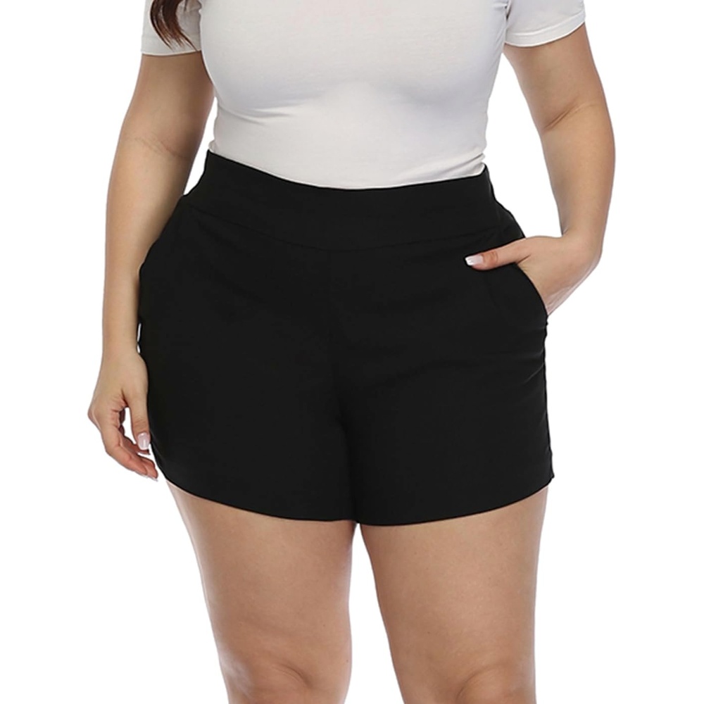 image:imageHDE Womens Plus Size Chino Shorts High Waisted 4 Inseam Summer Casual ShortsBlack