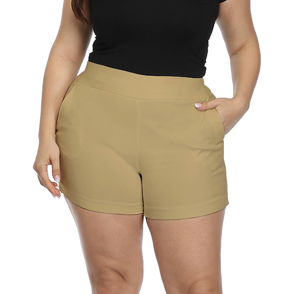 image:imageHDE Womens Plus Size Chino Shorts High Waisted 4 Inseam Summer Casual ShortsDark Khaki