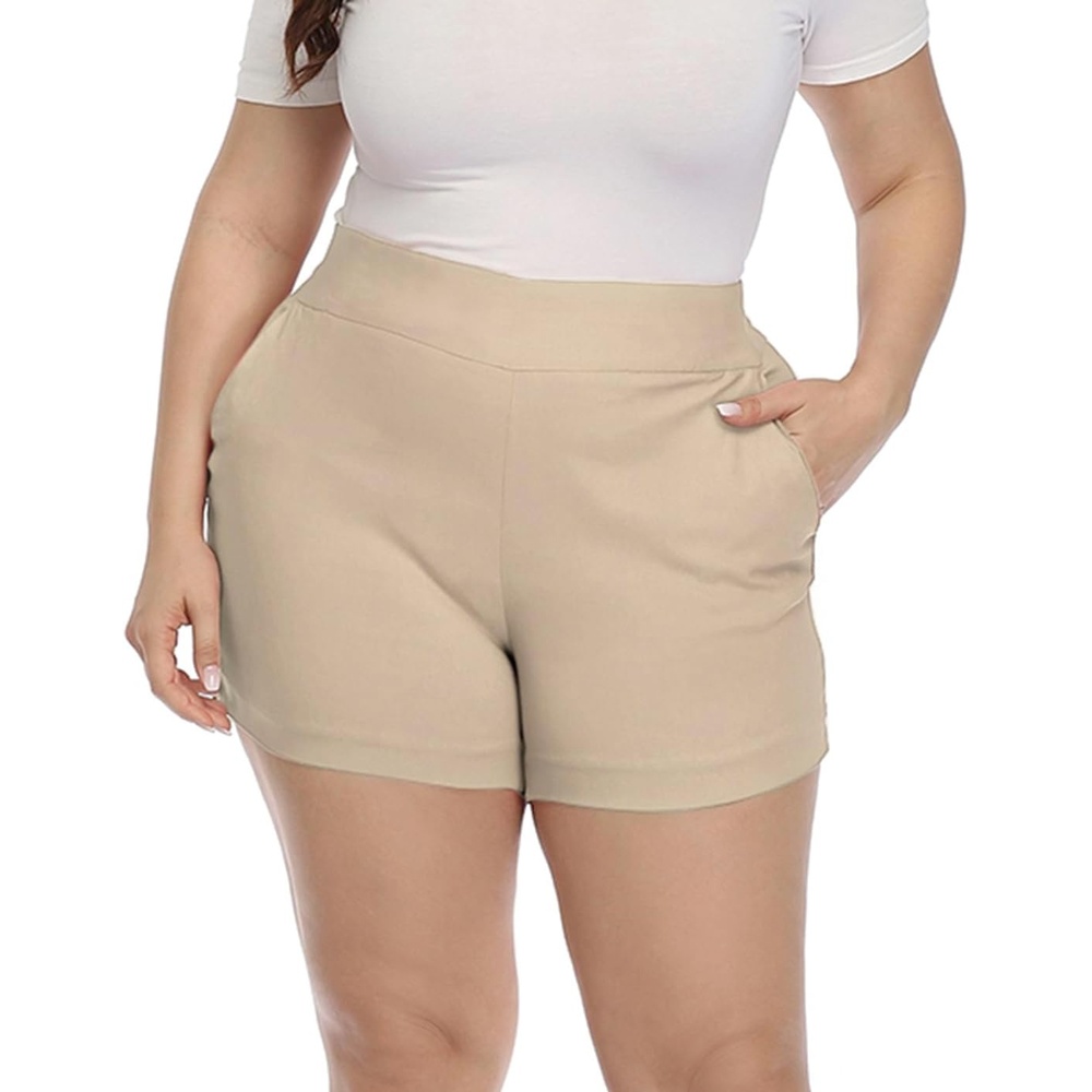 image:imageHDE Womens Plus Size Chino Shorts High Waisted 4 Inseam Summer Casual ShortsKhaki