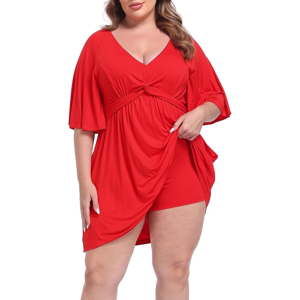 image:imageHDE Womens Plus Size Dress with Built in Quick Slip Short V Neck Flutter Sleeve Flowy Skirted Romper Skort Dress with PocketsRed