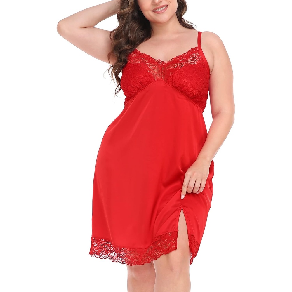image:imageHDE Womens Plus Size Nightgown V Neck Satin Lace Chemise Babydoll Sleep DressRed
