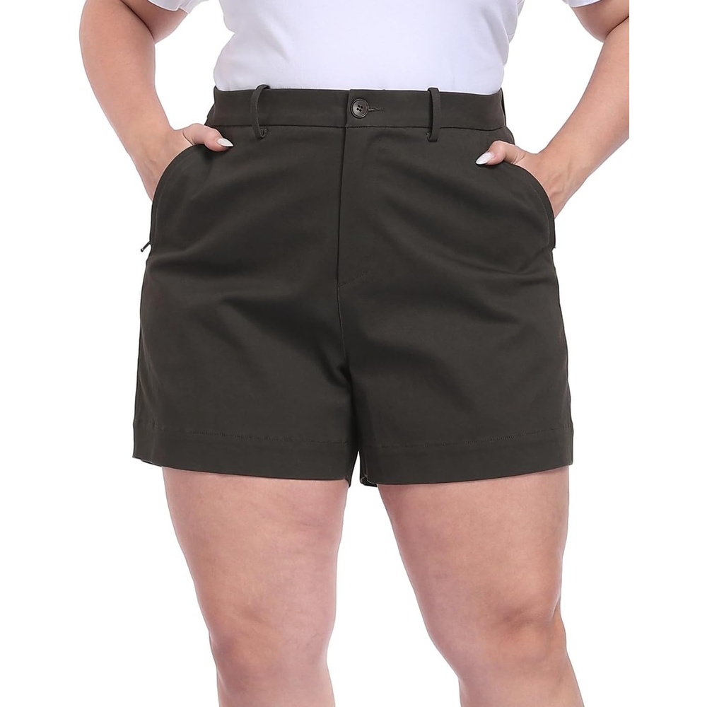 image:imageHDE Womens Plus Size Twill Chino Shorts 5 Inseam High Waisted Tailored Stretch Summer Casual Dress Short with Zipper PocketsCharcoal Gray