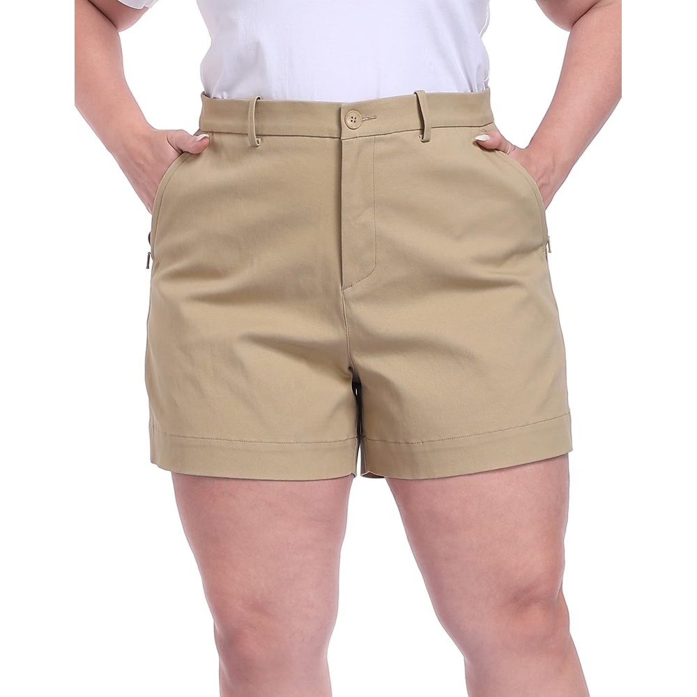 image:imageHDE Womens Plus Size Twill Chino Shorts 5 Inseam High Waisted Tailored Stretch Summer Casual Dress Short with Zipper PocketsKhaki