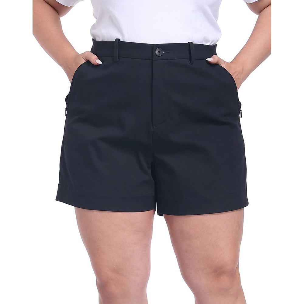 image:imageHDE Womens Plus Size Twill Chino Shorts 5 Inseam High Waisted Tailored Stretch Summer Casual Dress Short with Zipper PocketsNavy Blue