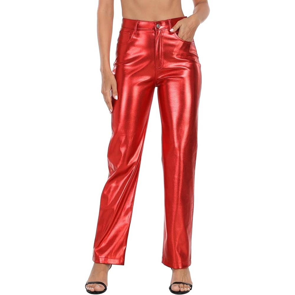image:imageHDE Womens Shiny Metallic Faux Leather Pants High Waisted Straight Leg TrousersRed