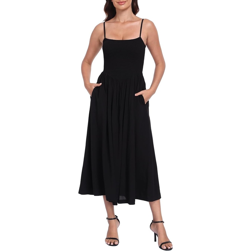 image:imageHDE Womens Smocked Midi Dresses Summer Casual Sundress Spaghetti Strap Flowy Drop Waist Beach Vacation Dress with PocketsBlack