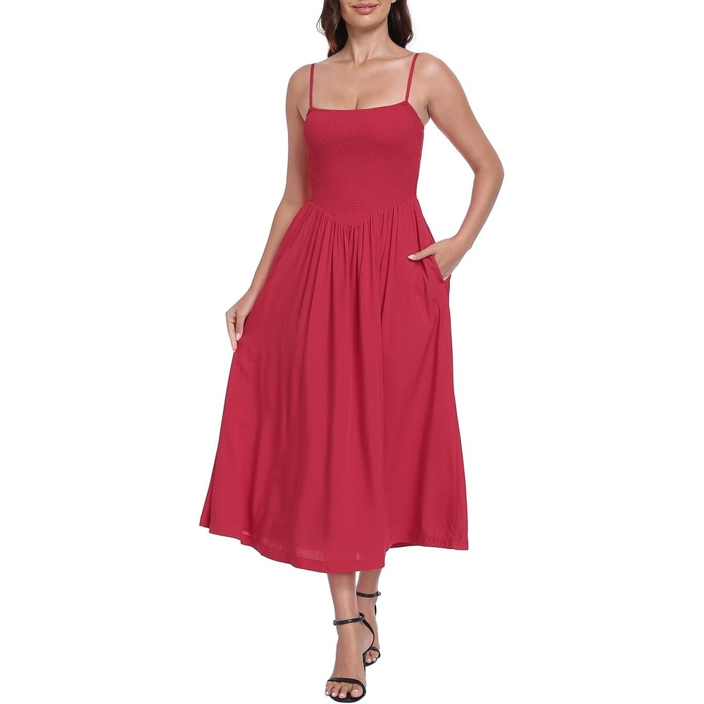 image:imageHDE Womens Smocked Midi Dresses Summer Casual Sundress Spaghetti Strap Flowy Drop Waist Beach Vacation Dress with PocketsRed