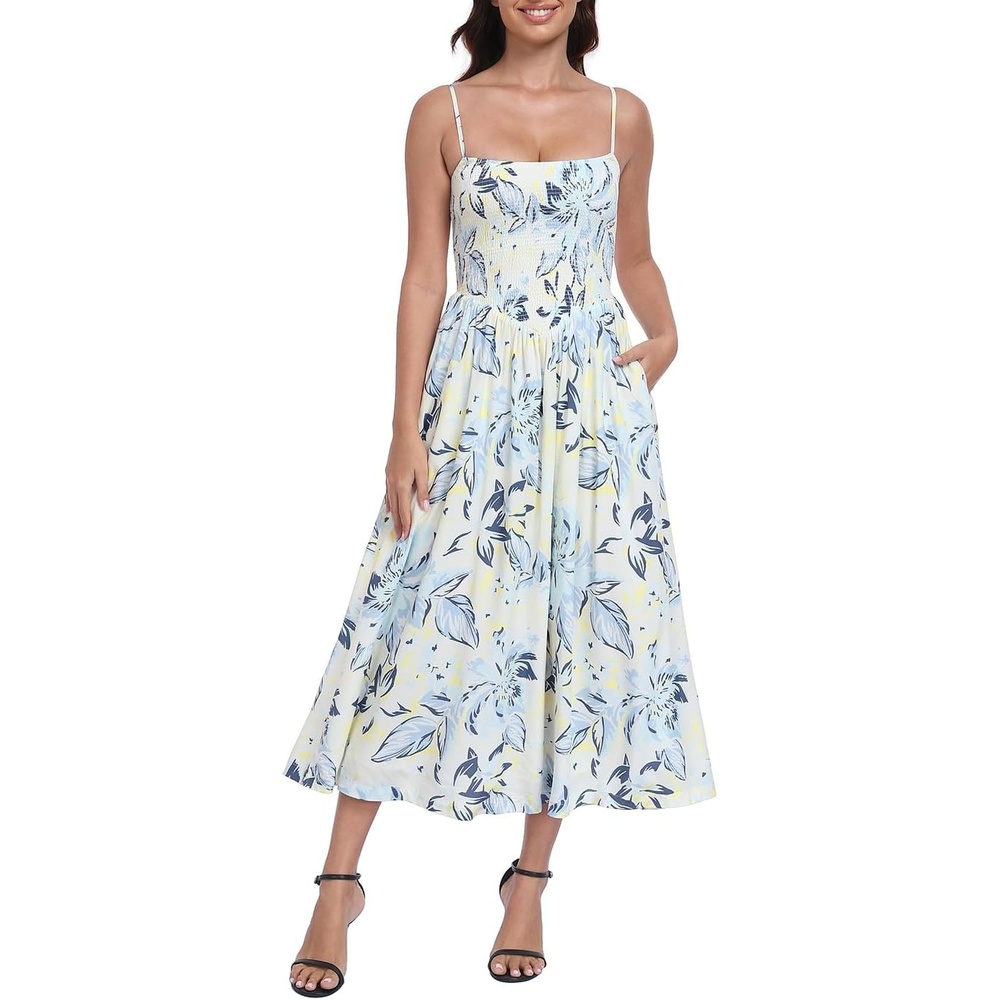 image:imageHDE Womens Smocked Midi Dresses Summer Casual Sundress Spaghetti Strap Flowy Drop Waist Beach Vacation Dress with PocketsWhite Watercolor Blooms