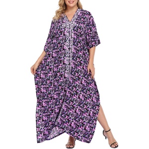 image:imageHDE Women UPF 30 Kaftan Dress Oversize V Neck Long Plus Size Maxi Swim Cover UpAbstract Floral