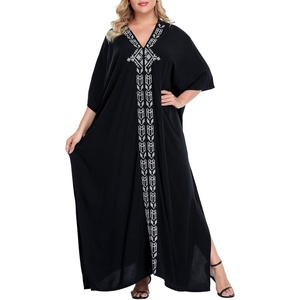 image:imageHDE Women UPF 30 Kaftan Dress Oversize V Neck Long Plus Size Maxi Swim Cover UpBlack