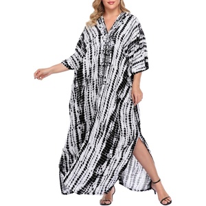 image:imageHDE Women UPF 30 Kaftan Dress Oversize V Neck Long Plus Size Maxi Swim Cover UpBlack Tie Dye