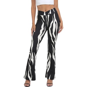 image:imageHDE Womens Casual Crossover Flare Yoga Pants Stretch Tummy Control Ribbed High Waist Leggings Wide Bootcut Bell BottomsAbstract Zebra