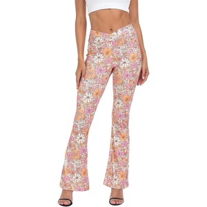 image:imageHDE Womens Casual Crossover Flare Yoga Pants Stretch Tummy Control Ribbed High Waist Leggings Wide Bootcut Bell BottomsFlower Bloom