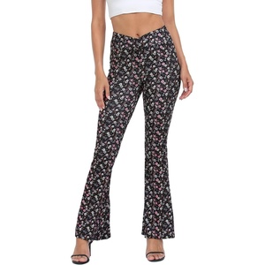 image:imageHDE Womens Casual Crossover Flare Yoga Pants Stretch Tummy Control Ribbed High Waist Leggings Wide Bootcut Bell BottomsPink Retro Floral