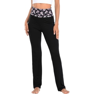 image:imageHDE Womens Color Block Fold Over Waist Yoga Pants Flare Leg Workout LeggingsPink Hibiscus Floral  Black
