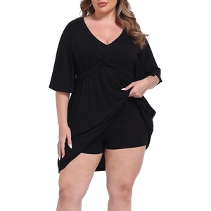 image:imageHDE Womens Plus Size Dress with Built in Quick Slip Short V Neck Flutter Sleeve Flowy Skirted Romper Skort Dress with PocketsBlack
