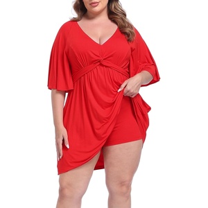 image:imageHDE Womens Plus Size Dress with Built in Quick Slip Short V Neck Flutter Sleeve Flowy Skirted Romper Skort Dress with PocketsRed