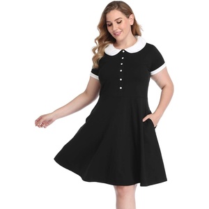 image:imageHDE Womens Plus Size Peter Pan Collar Dress Short Sleeve Fit and Flare A Line Collared Casual Skater Dress Knee LengthBlack