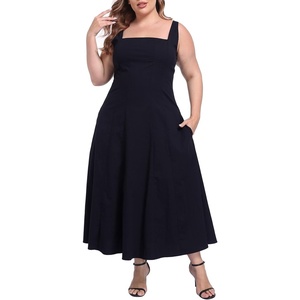 image:imageHDE Womens Plus Size Square Neck Midi Dress Sleeveless A Line Long Flowy Spring Vacation Sundress Summer Dresses with PocketsBlack