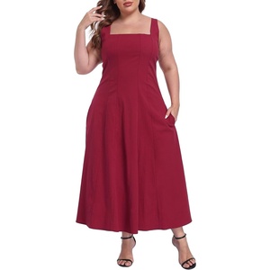image:imageHDE Womens Plus Size Square Neck Midi Dress Sleeveless A Line Long Flowy Spring Vacation Sundress Summer Dresses with PocketsMaroon