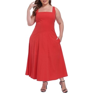 image:imageHDE Womens Plus Size Square Neck Midi Dress Sleeveless A Line Long Flowy Spring Vacation Sundress Summer Dresses with PocketsRed