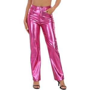 image:imageHDE Womens Shiny Metallic Faux Leather Pants High Waisted Straight Leg TrousersHot Pink