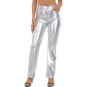 image:imageHDE Womens Shiny Metallic Faux Leather Pants High Waisted Straight Leg TrousersSilver
