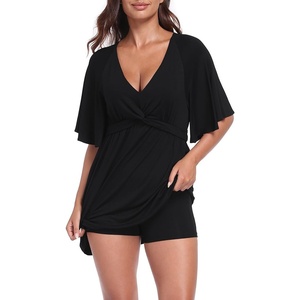 image:imageHDE Womens Skirted Romper Dress with Quick Slip Builtin Shorts V Neck Flutter Sleeve Summer Skort Dress Romper with PocketsBlack