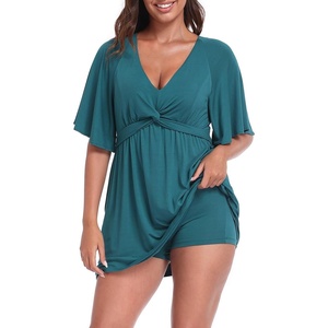 image:imageHDE Womens Skirted Romper Dress with Quick Slip Builtin Shorts V Neck Flutter Sleeve Summer Skort Dress Romper with PocketsDark Teal