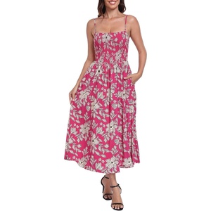 image:imageHDE Womens Smocked Midi Dresses Summer Casual Sundress Spaghetti Strap Flowy Drop Waist Beach Vacation Dress with PocketsBerry Red Tropical Floral