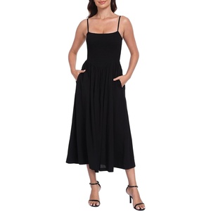 image:imageHDE Womens Smocked Midi Dresses Summer Casual Sundress Spaghetti Strap Flowy Drop Waist Beach Vacation Dress with PocketsBlack