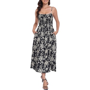 image:imageHDE Womens Smocked Midi Dresses Summer Casual Sundress Spaghetti Strap Flowy Drop Waist Beach Vacation Dress with PocketsBlack Tropical Floral