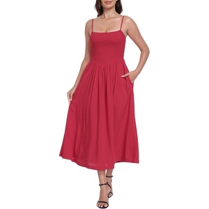 image:imageHDE Womens Smocked Midi Dresses Summer Casual Sundress Spaghetti Strap Flowy Drop Waist Beach Vacation Dress with PocketsRed