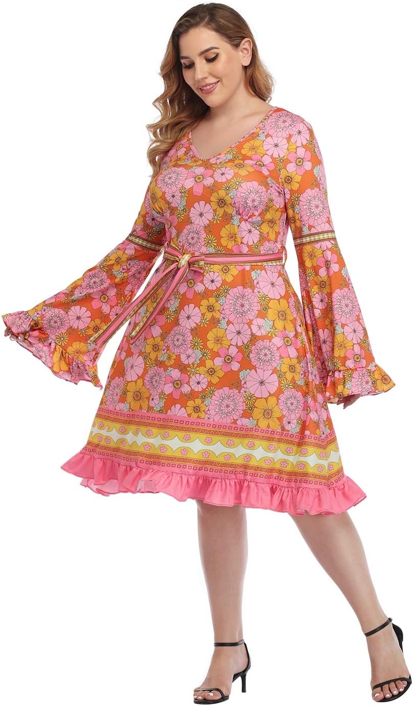 image:imageHDE Plus Size Bell Sleeve Dress Ruffled Vintage 70s A line Hippie Goth Witch V Neck Long Sleeve Knee Length Tie Belt CostumeHippie Flowers