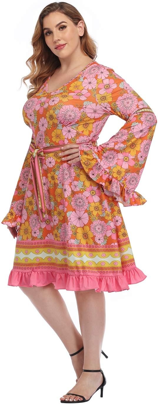 image:imageHDE Plus Size Bell Sleeve Dress Ruffled Vintage 70s A line Hippie Goth Witch V Neck Long Sleeve Knee Length Tie Belt CostumeHippie Flowers