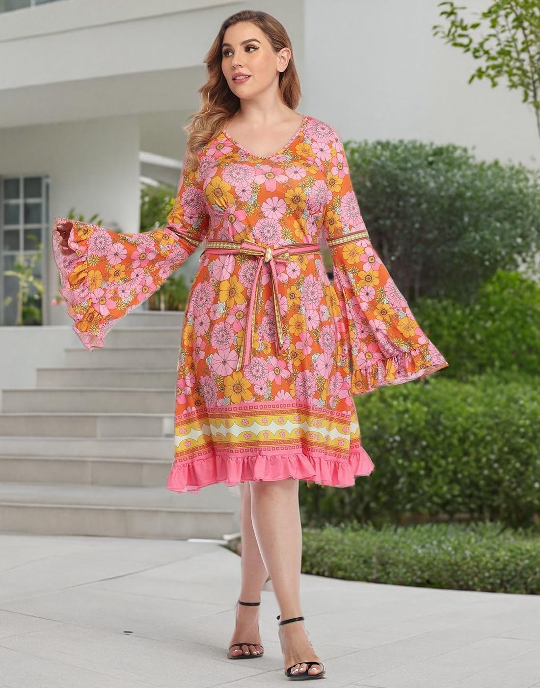 image:imageHDE Plus Size Bell Sleeve Dress Ruffled Vintage 70s A line Hippie Goth Witch V Neck Long Sleeve Knee Length Tie Belt CostumeHippie Flowers