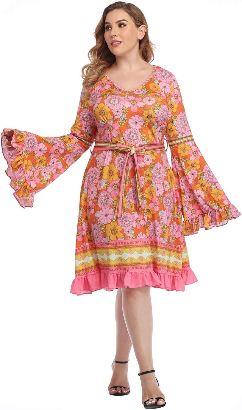 image:imageHDE Plus Size Bell Sleeve Dress Ruffled Vintage 70s A line Hippie Goth Witch V Neck Long Sleeve Knee Length Tie Belt CostumeHippie Flowers