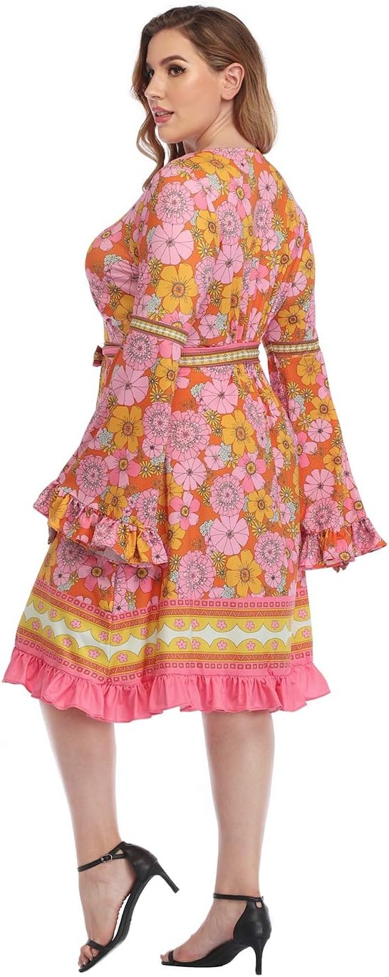 image:imageHDE Plus Size Bell Sleeve Dress Ruffled Vintage 70s A line Hippie Goth Witch V Neck Long Sleeve Knee Length Tie Belt CostumeHippie Flowers