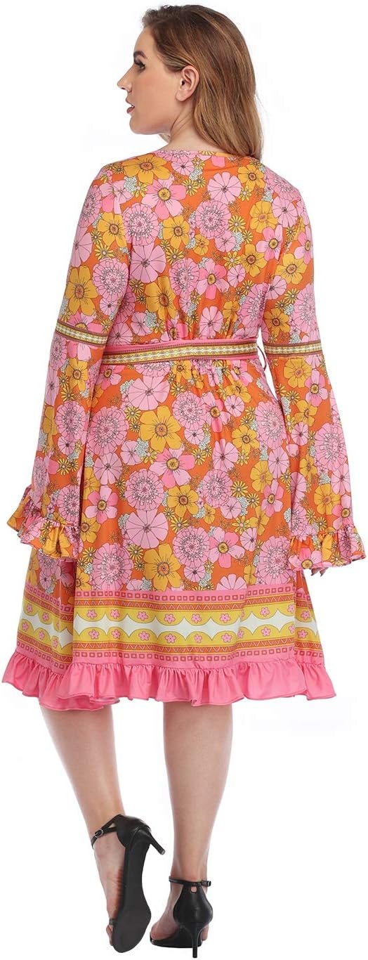 image:imageHDE Plus Size Bell Sleeve Dress Ruffled Vintage 70s A line Hippie Goth Witch V Neck Long Sleeve Knee Length Tie Belt CostumeHippie Flowers