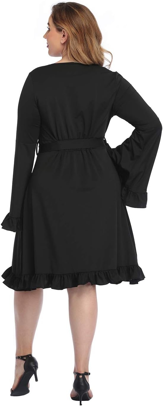 image:imageHDE Plus Size Bell Sleeve Dress Ruffled Vintage 70s A line Hippie Goth Witch V Neck Long Sleeve Knee Length Tie Belt CostumeWitchy Black
