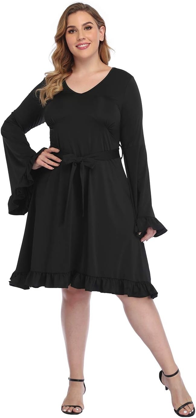 image:imageHDE Plus Size Bell Sleeve Dress Ruffled Vintage 70s A line Hippie Goth Witch V Neck Long Sleeve Knee Length Tie Belt CostumeWitchy Black
