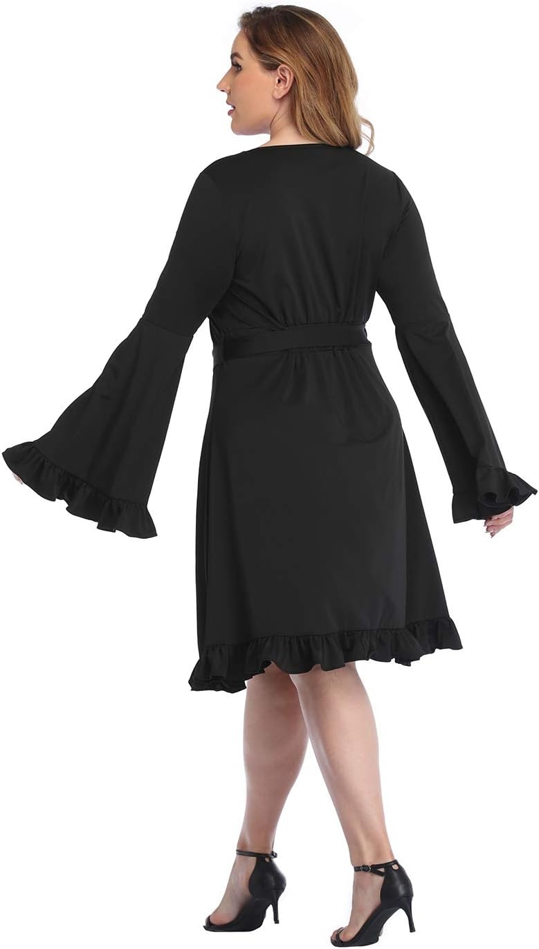 image:imageHDE Plus Size Bell Sleeve Dress Ruffled Vintage 70s A line Hippie Goth Witch V Neck Long Sleeve Knee Length Tie Belt CostumeWitchy Black