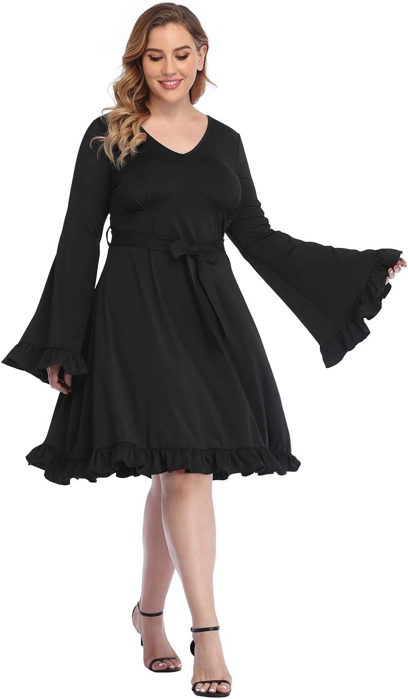 image:imageHDE Plus Size Bell Sleeve Dress Ruffled Vintage 70s A line Hippie Goth Witch V Neck Long Sleeve Knee Length Tie Belt CostumeWitchy Black