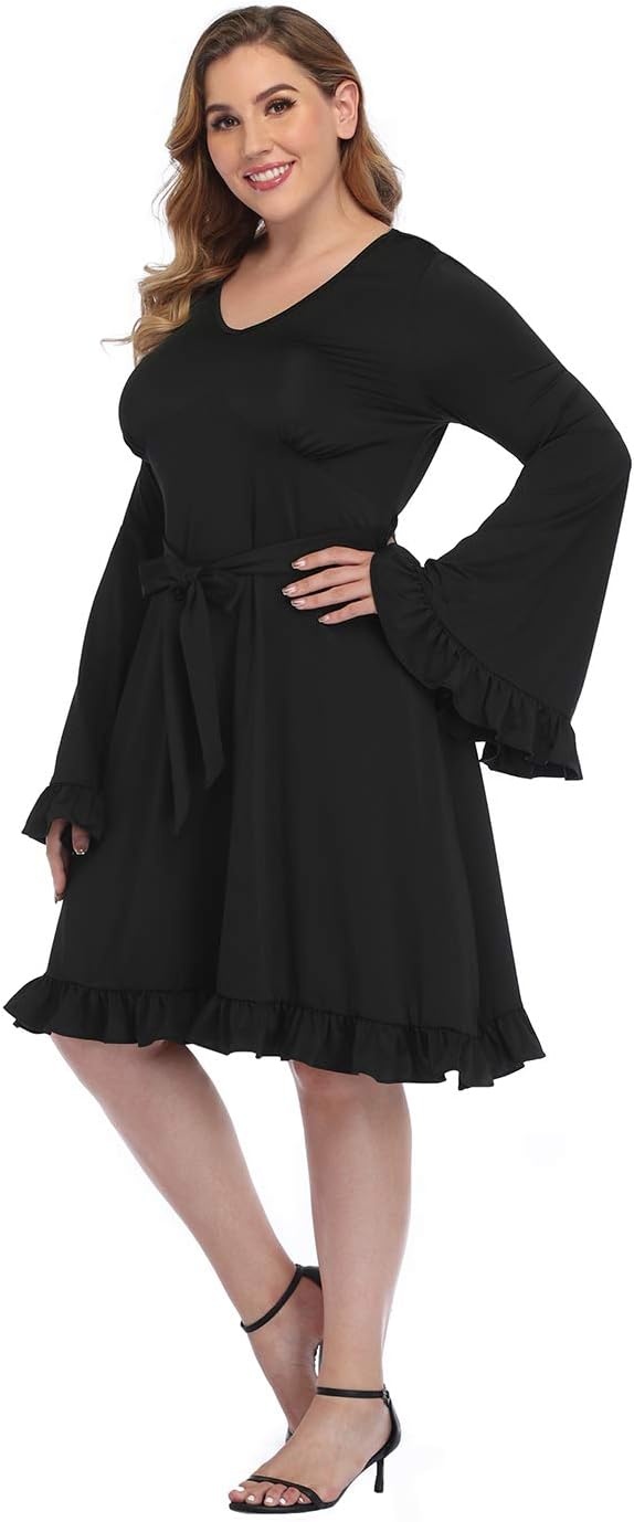 image:imageHDE Plus Size Bell Sleeve Dress Ruffled Vintage 70s A line Hippie Goth Witch V Neck Long Sleeve Knee Length Tie Belt CostumeWitchy Black