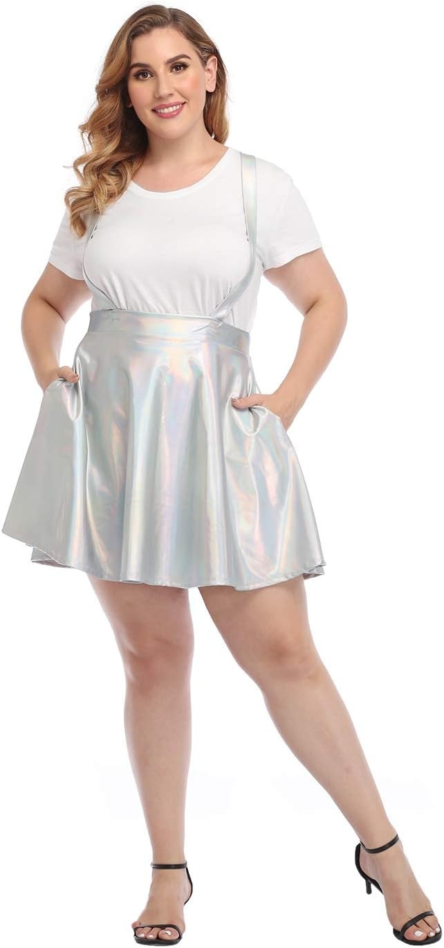 image:imageHDE Plus Size Shiny Metallic Suspender Skirt High Waisted Rave SkirtHolographic Silver