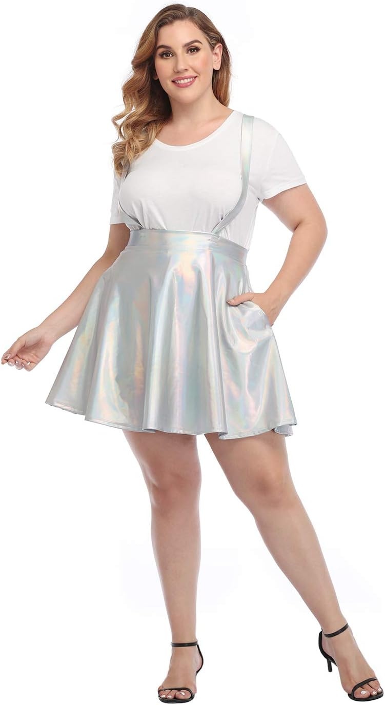 image:imageHDE Plus Size Shiny Metallic Suspender Skirt High Waisted Rave SkirtHolographic Silver
