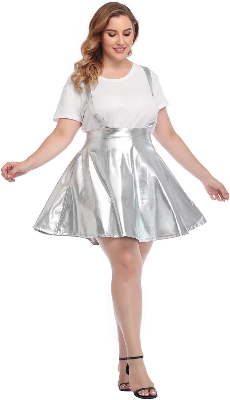 image:imageHDE Plus Size Shiny Metallic Suspender Skirt High Waisted Rave SkirtSpace Silver