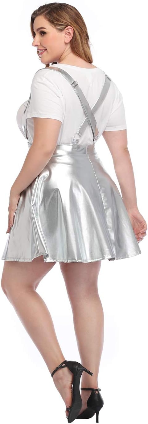 image:imageHDE Plus Size Shiny Metallic Suspender Skirt High Waisted Rave SkirtSpace Silver